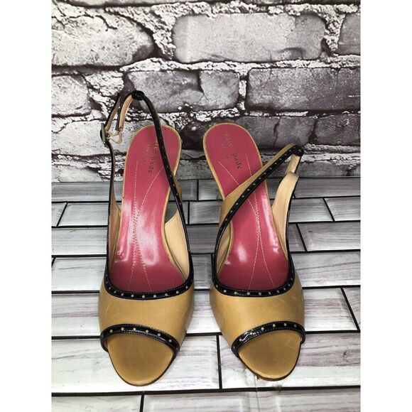 Kate Spade Camel Brown Black Patent Leather  Peep Toe Stiletto Heels Women Sz 8B - Picture 9 of 16
